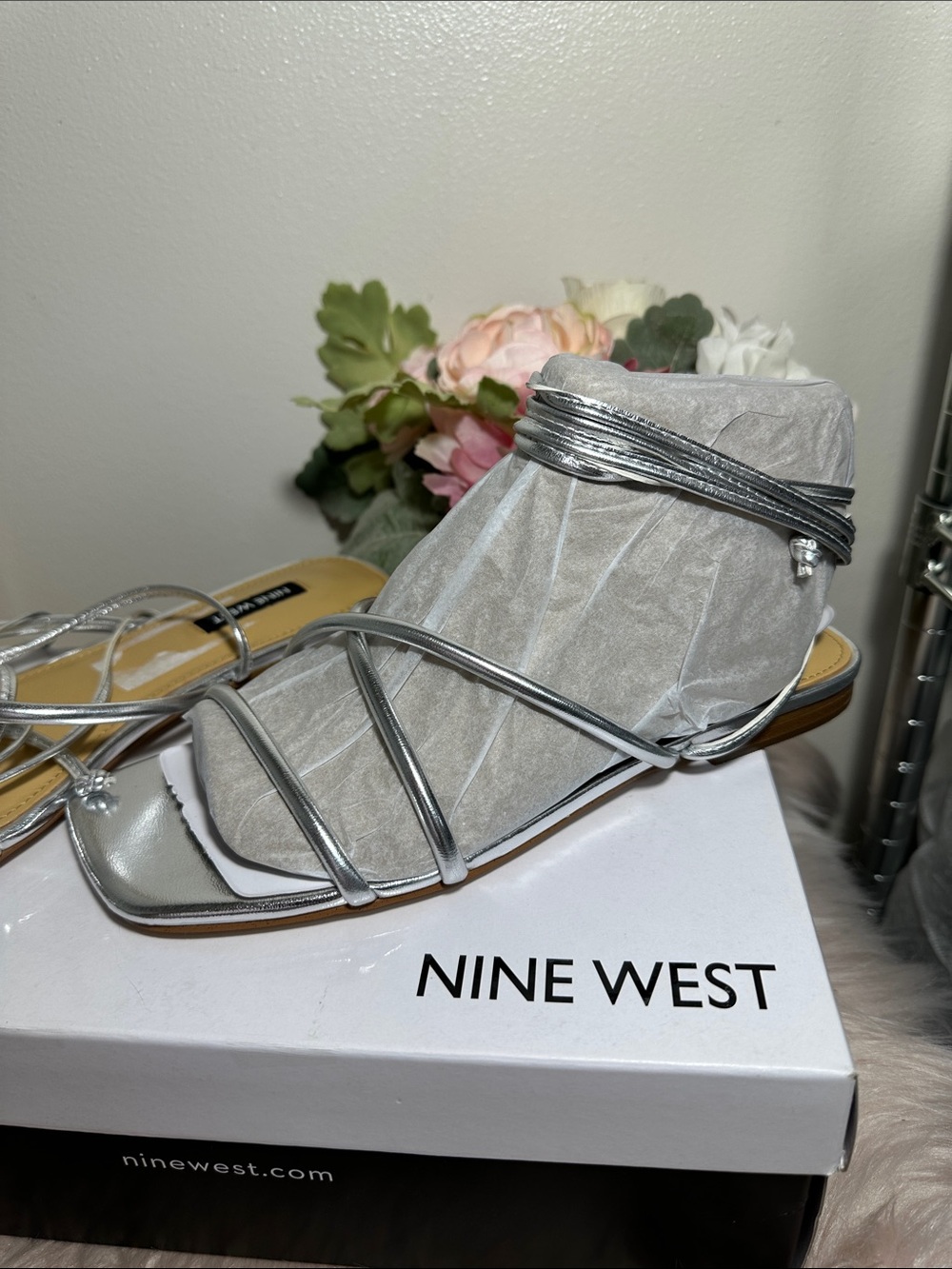 Nine West Metallic Silver Strappy Ankle-Wrap Sandals